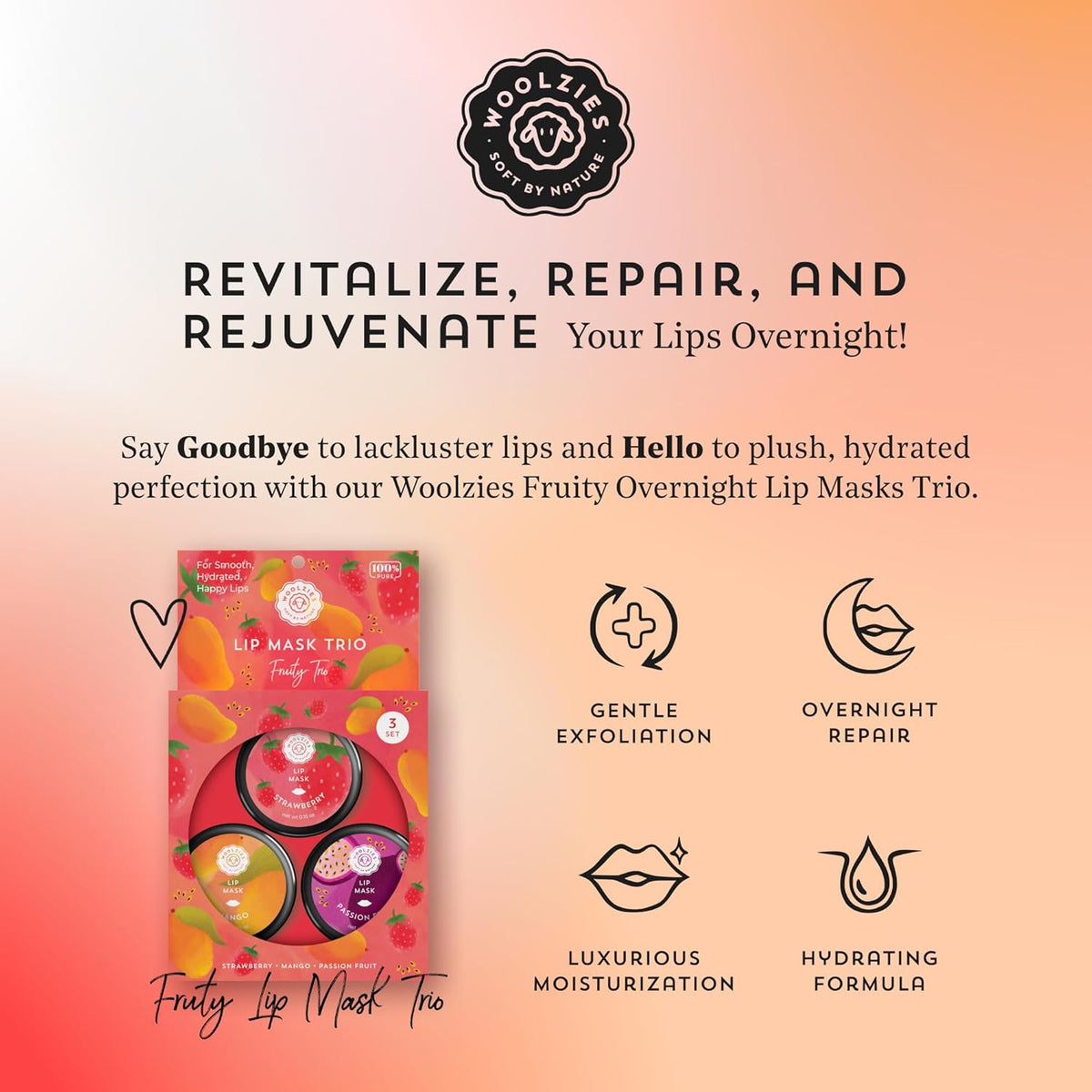 Overnight Lip Sleeping Masks Trio - Set of 3 All Natural Hydrating Lip Treatment - Overnight Repair