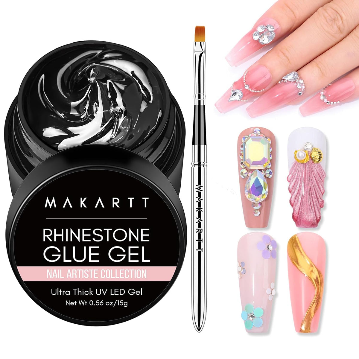 Makartt Nail Rhinestone Glue Gel with Brush Pen Set, 15ml Clear Nail Gem Glue Wipe-Off Super Strong