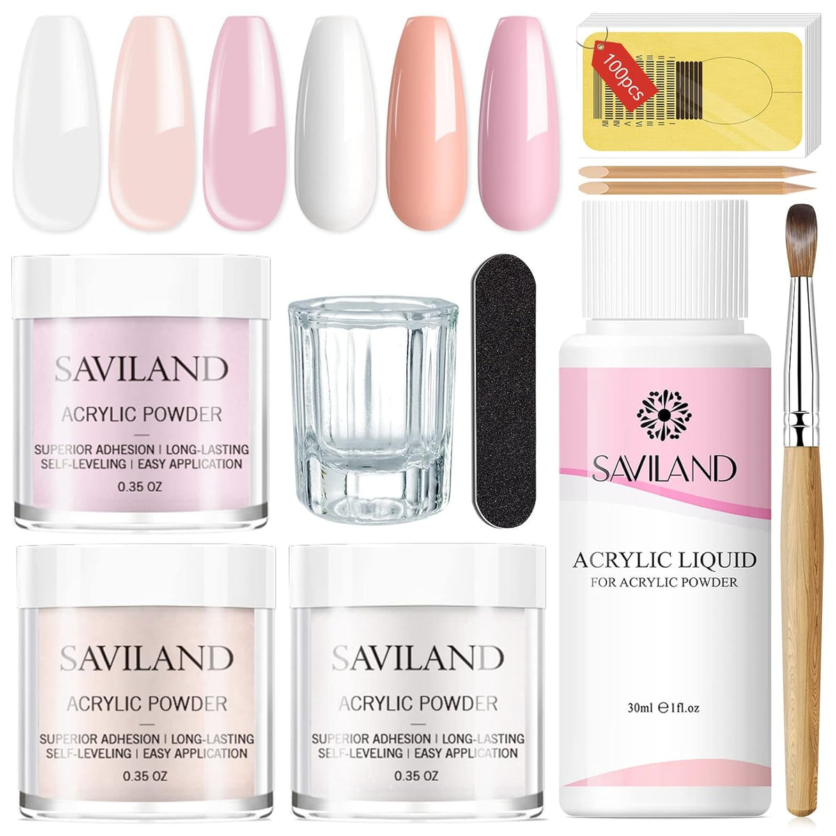 Saviland Acrylic Nail Starter Kit: Clear Pink Nude Acrylic Powder & Liquid, Brush, Files, Forms
