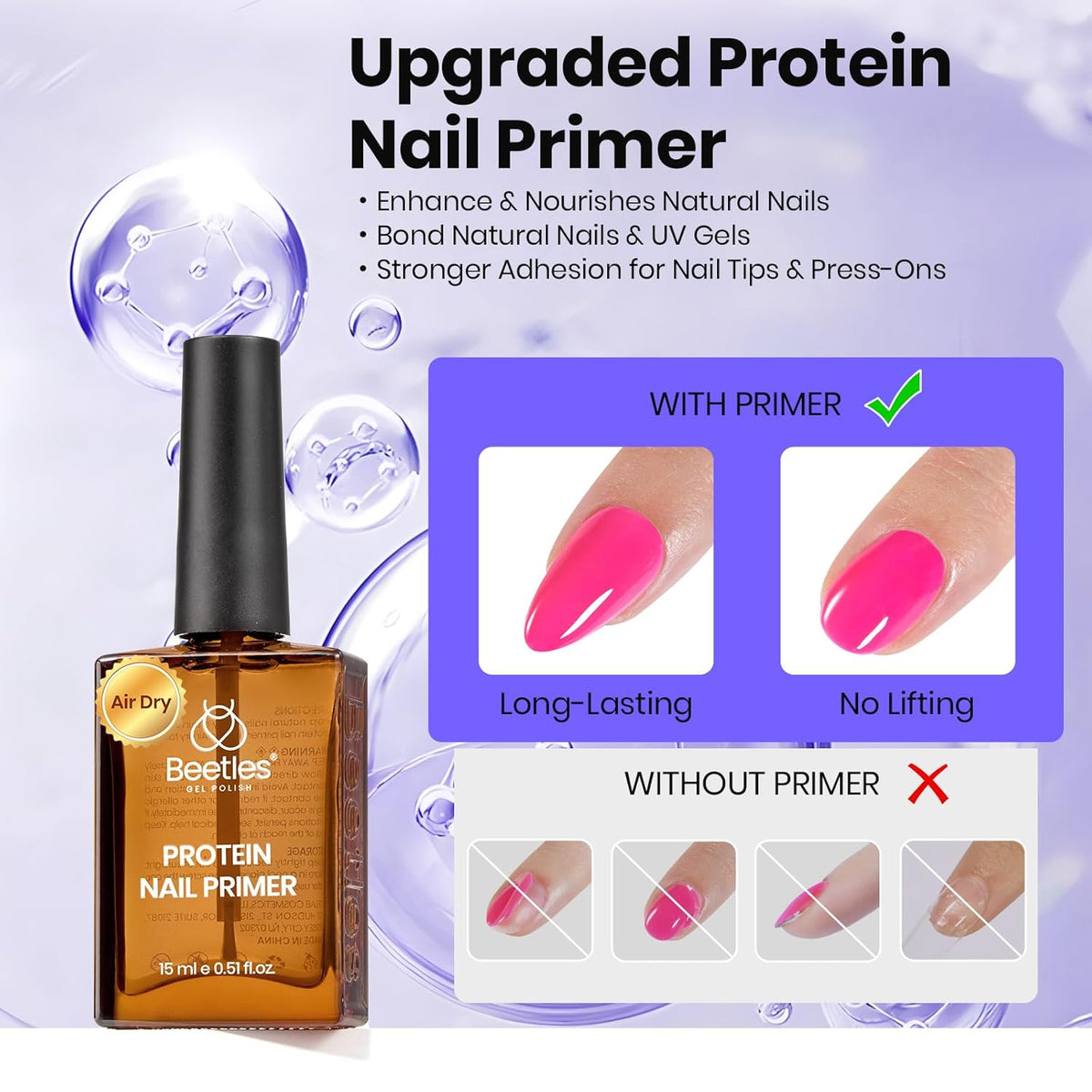 Beetles Nail Primer 15ml Protein Nail Prep for Gel Nail Polish, Upgraded Formula 2 in 1 Nail Bond