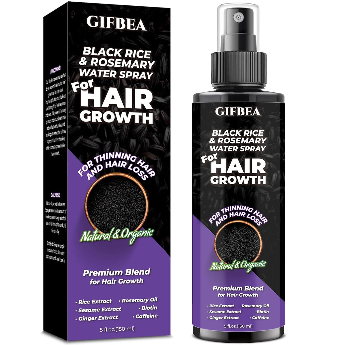 GIFBEA Organic Black Rice Water Hair Growth Serum Spray, 5 Fl Oz, Rosemary Scent, For All Hair