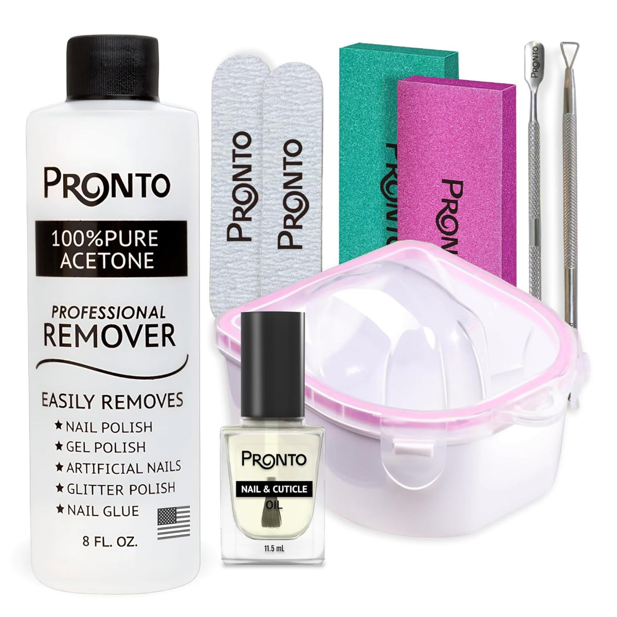 Pronto Gel Nail Polish Remover Kit – 8 Oz Pure Acetone 100 Percent, Nail File, Nail Polish Soak Off