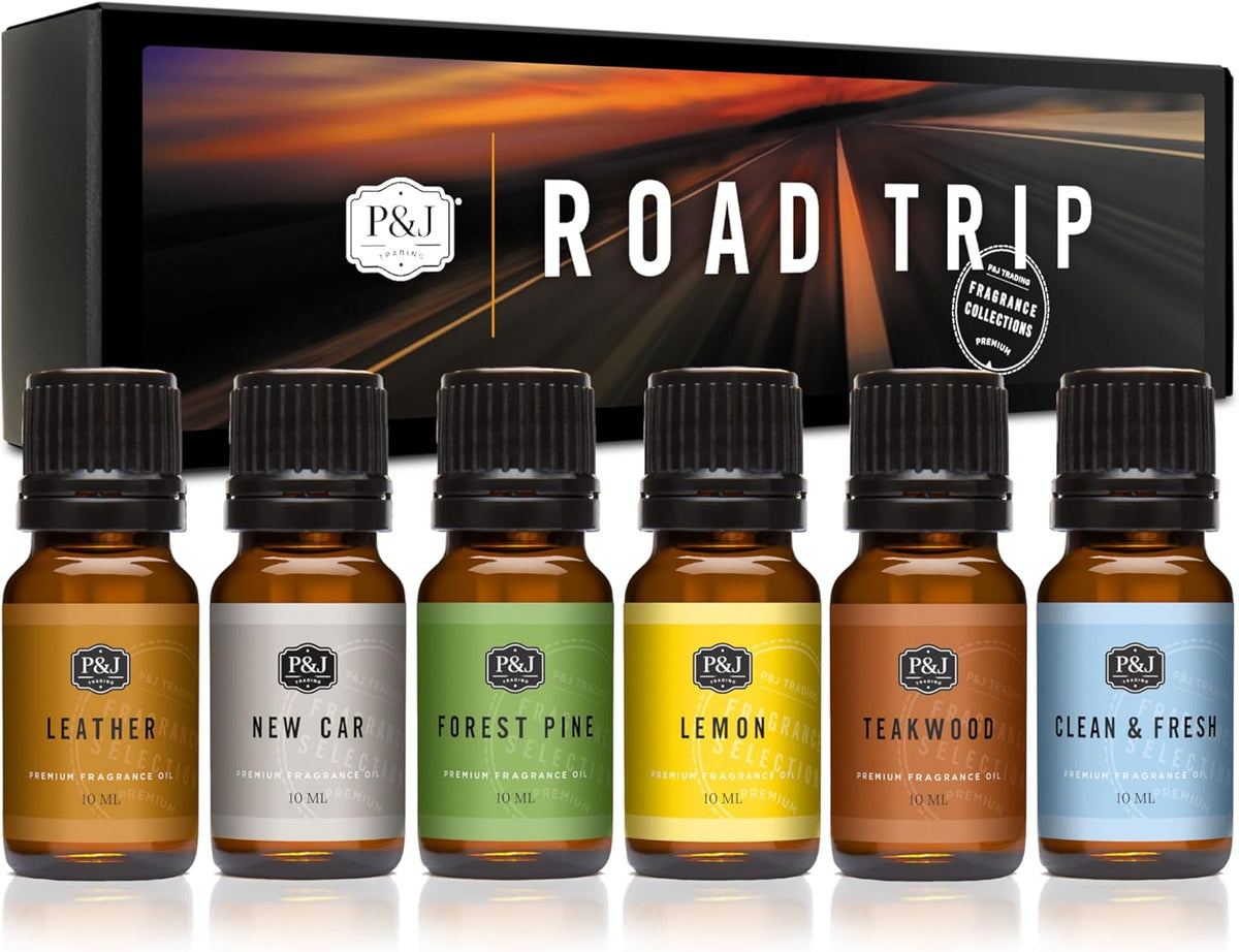 P&J Trading Road Trip Car Fragrance Oil Set – 6 Premium Scents - New Car, Leather, Forest Pine