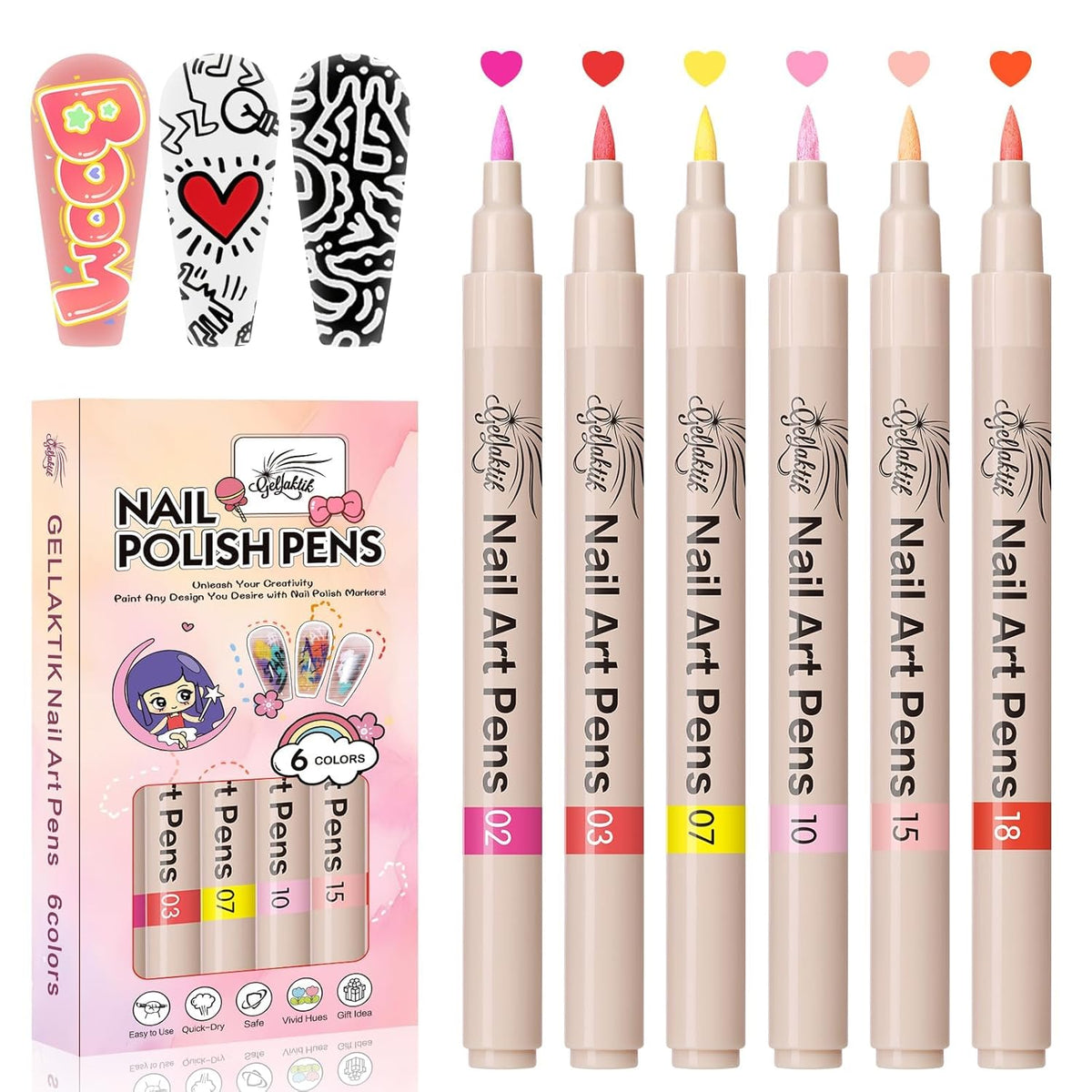 6 Colors Nail Art Pens Set, 3D Nail Polish Pens Quick-Drying Acrylic Paint Markers, Dotting Liner