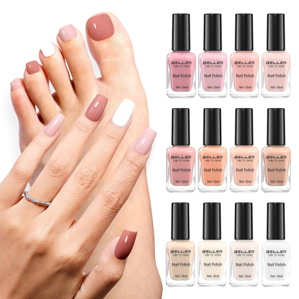 GELLEN Nail Polish Set, French Tip Manicure Nude White Regular Nail Polish Quick Air Dry Bright 12