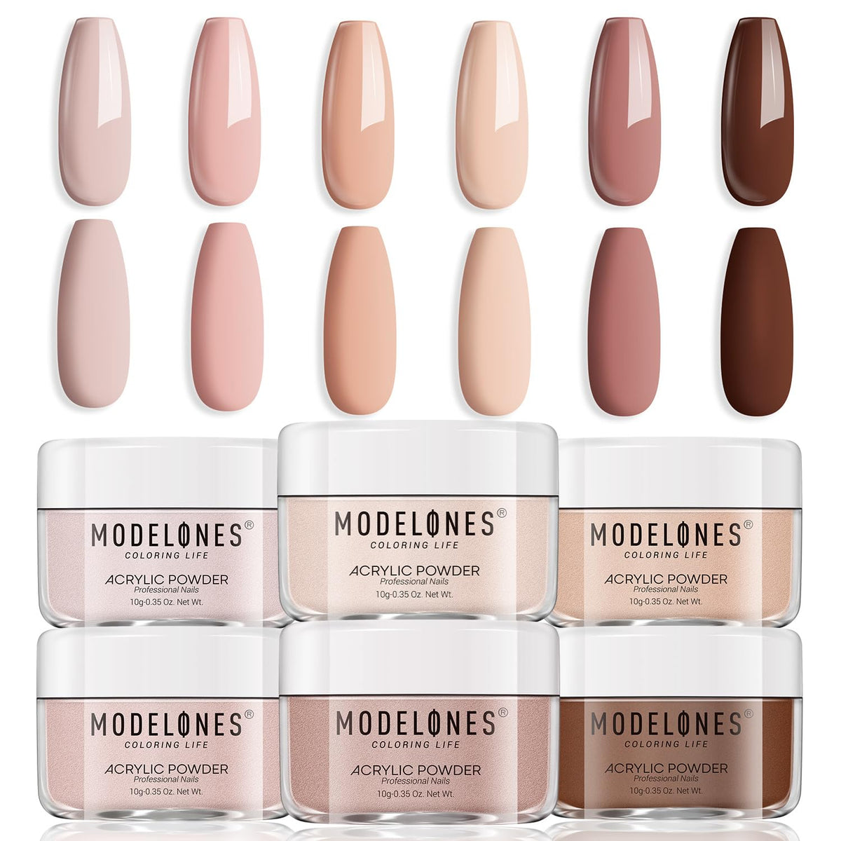 Modelones Acrylic Powder 6 Colors Acrylic Nail Powder Kit Skin Tones Brown Neutral Milky Daily