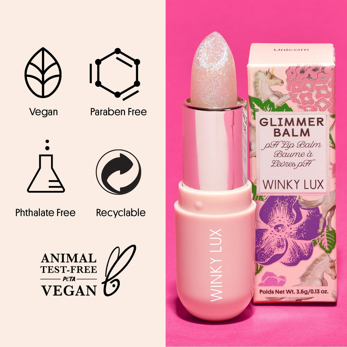 Winky Lux Unicorn Glimmer Balm -Hydrating ph Lip Balm, Natural Pink Tint with pH Color Changing