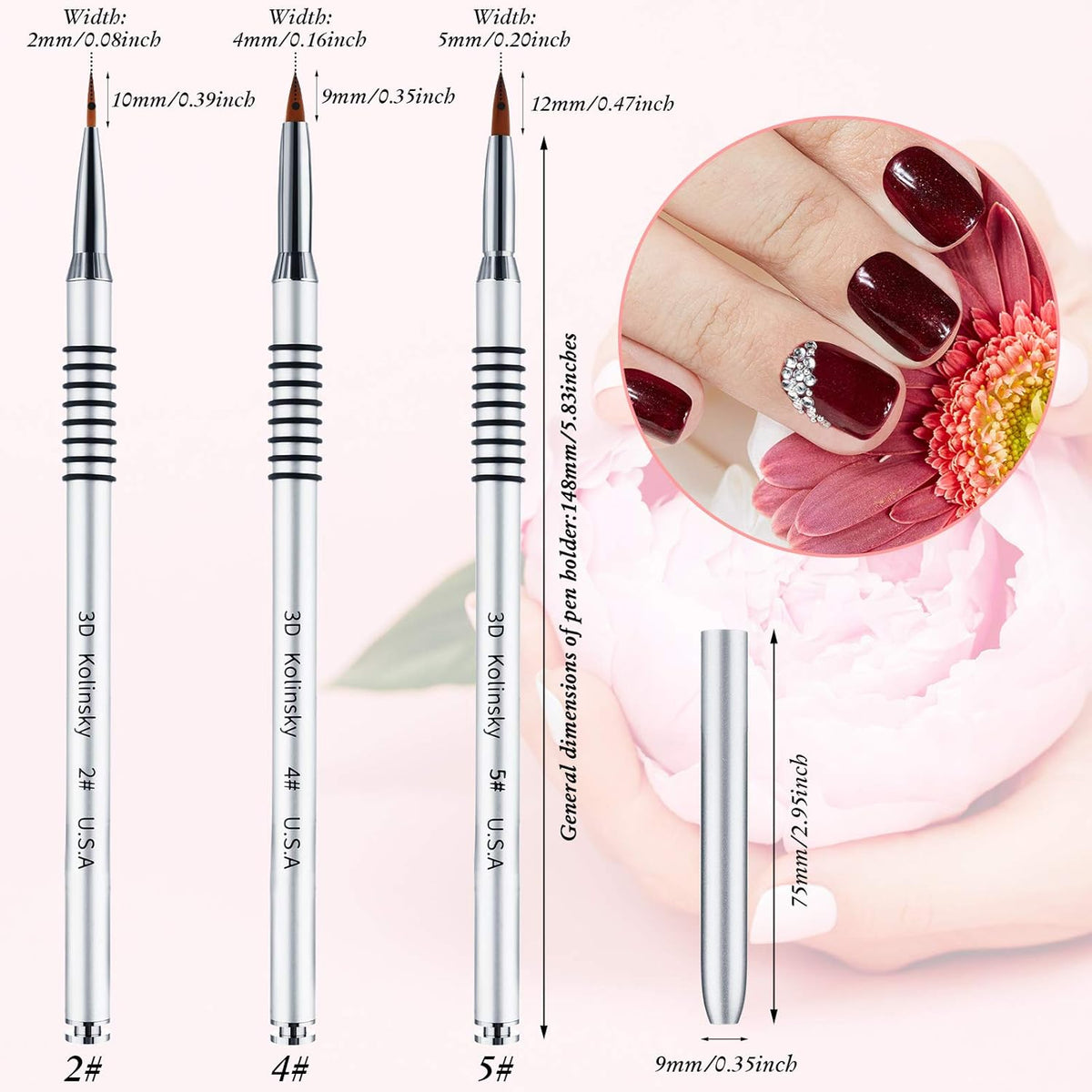 Patelai 3 Pcs Kolinsky 3D Nail Art Brush Set Size 2/4/5 Acrylic Nail Art Brush with Silver Metal