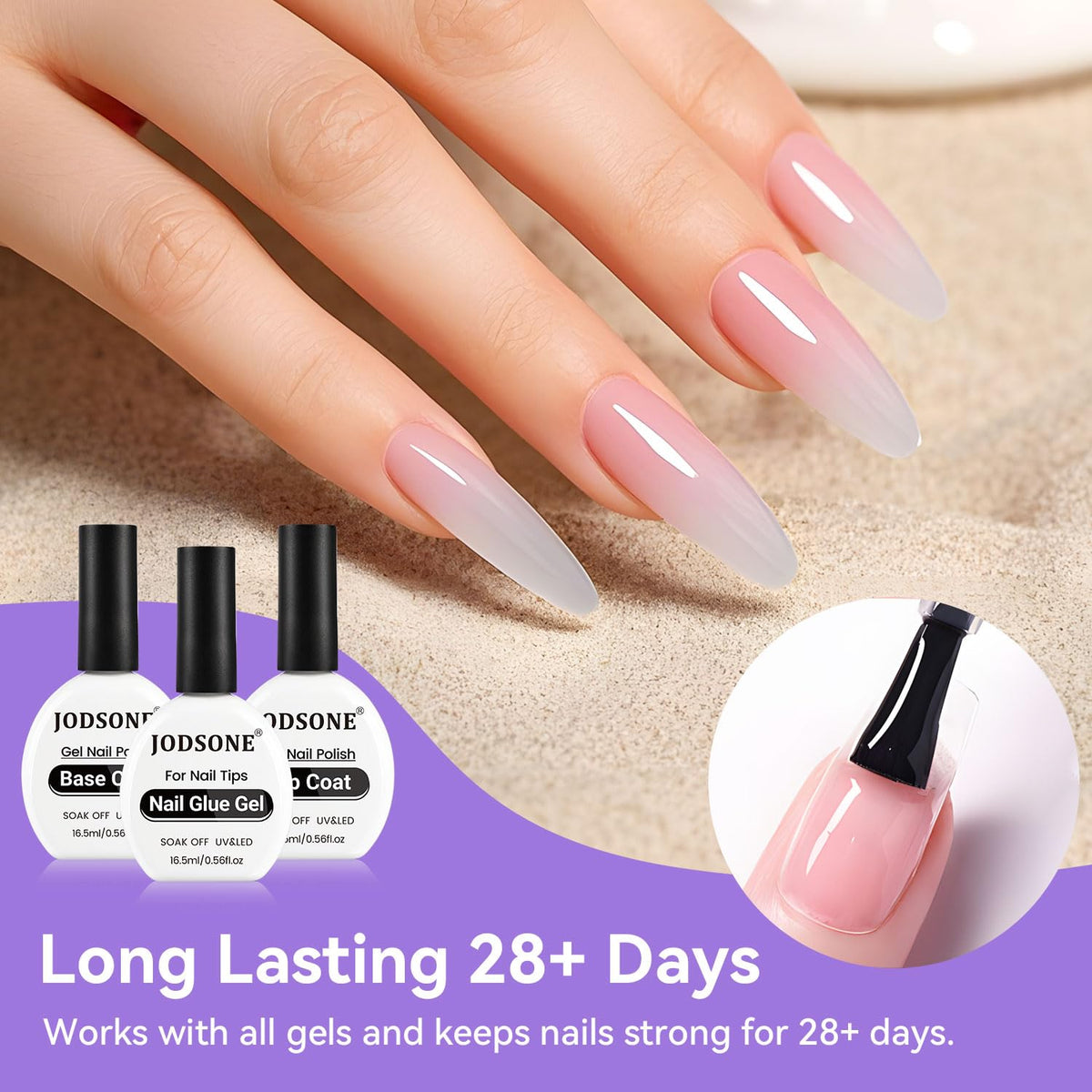 JODSONE 3Pcs 16.5ml Top Coat and Base Coat Set with Nail Glue Gel No Wipe Top Coat Base Nail Glue