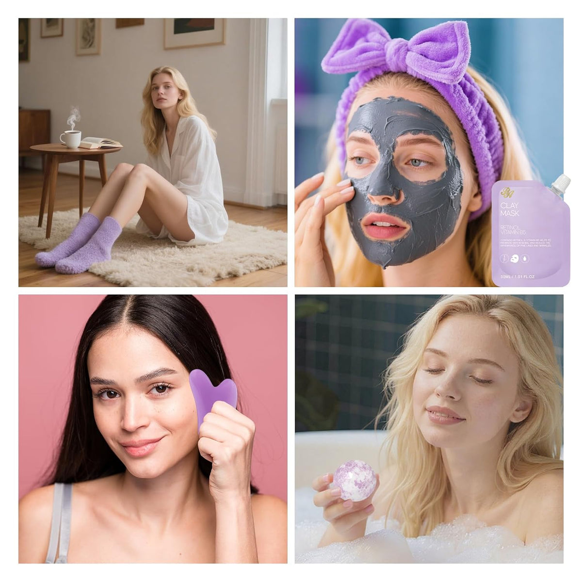 Lavender Face Sheet Mask Pack, 55Pcs Skin Care Kit for Women, Overnight Collagen Mask, Gel Lip