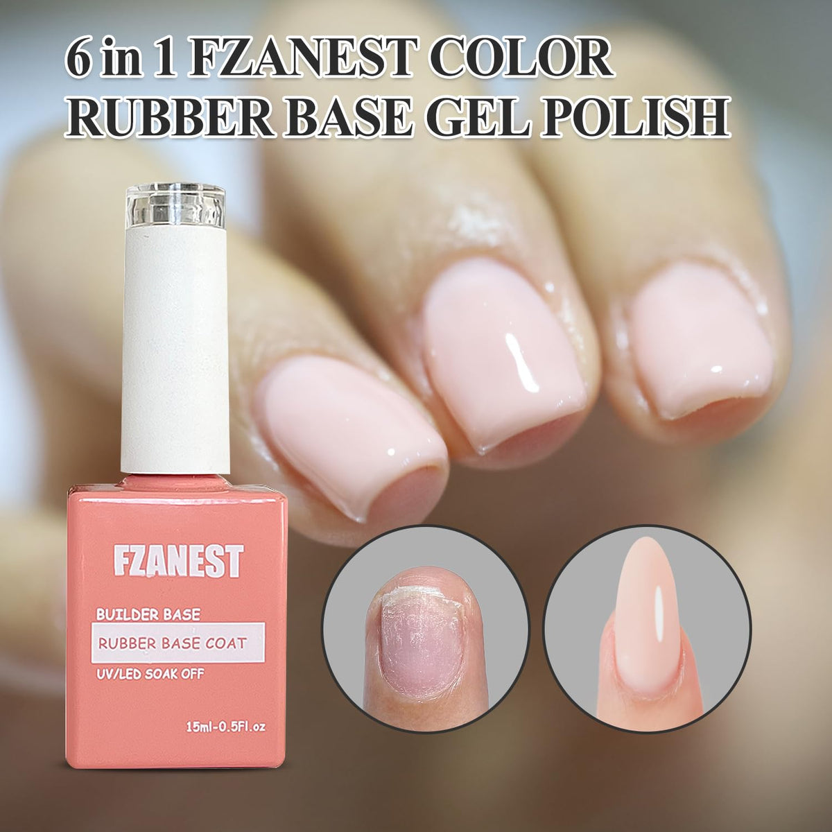 FZANEST Rubber Base Gel Polish, 6pcs*7.5ml Builder Gel Jelly Sheer Natrual Nude Pink in a Bottle UV