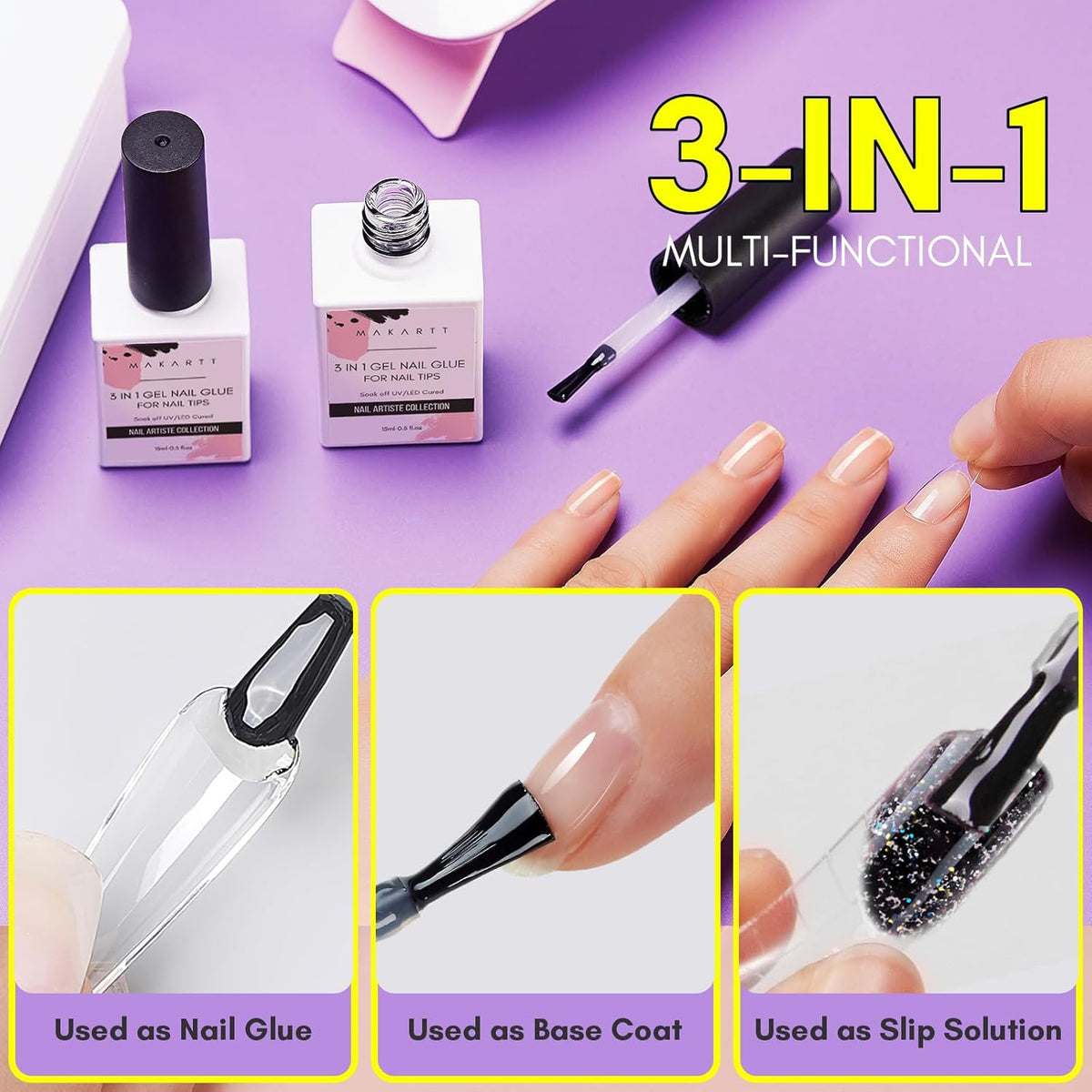 Makartt Gel Nail Glue: 3 in 1 Nail Glue Acrylic Nails Extension Super Strong Adhesive Bond Long
