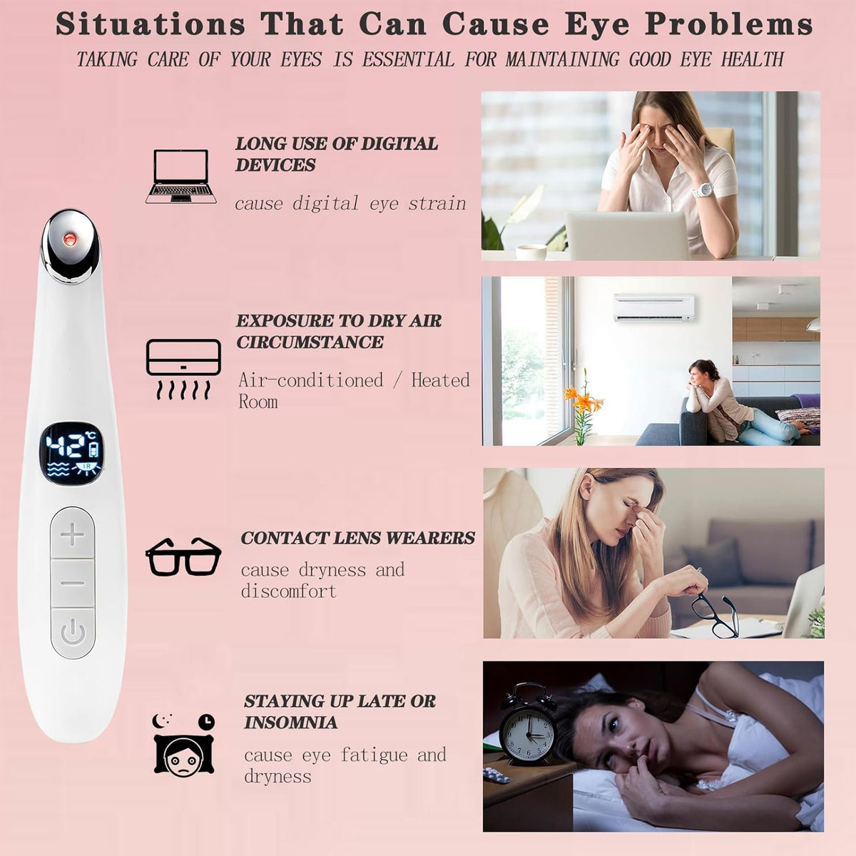 Eye Lift Wand, 3 in 1 Vibrating Red Light 98°F to 113°F LCD Display Eye Massager for Dry Eyes, Dark