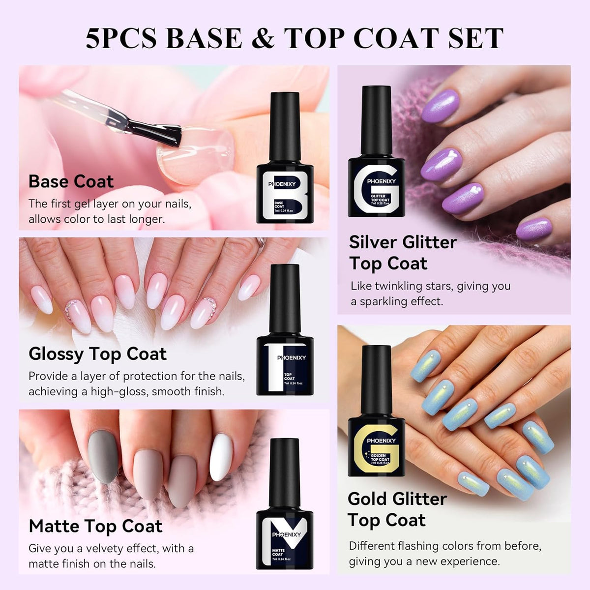phoenixy Gel Nail Polish 25+5 PCS Gel Nail Polish Kit with Black White Pink Blue Purple Suitable