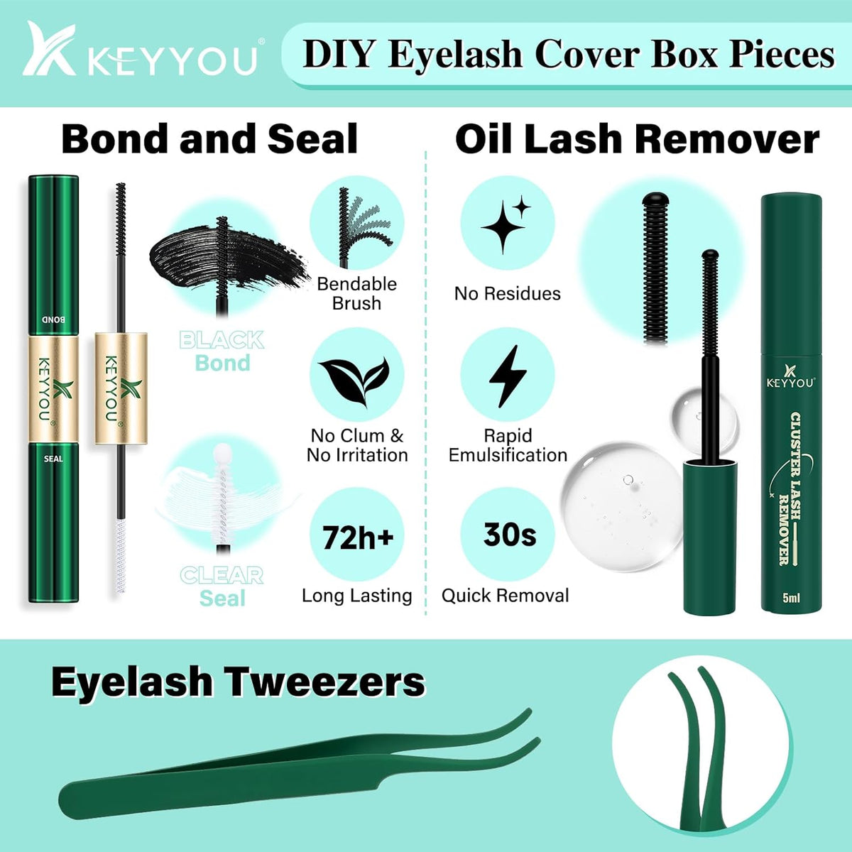 KEYYOU Lash Extension Kit 144pcs Air Touch Lash Clusters with Bond and Seal Lash Applicator Remover