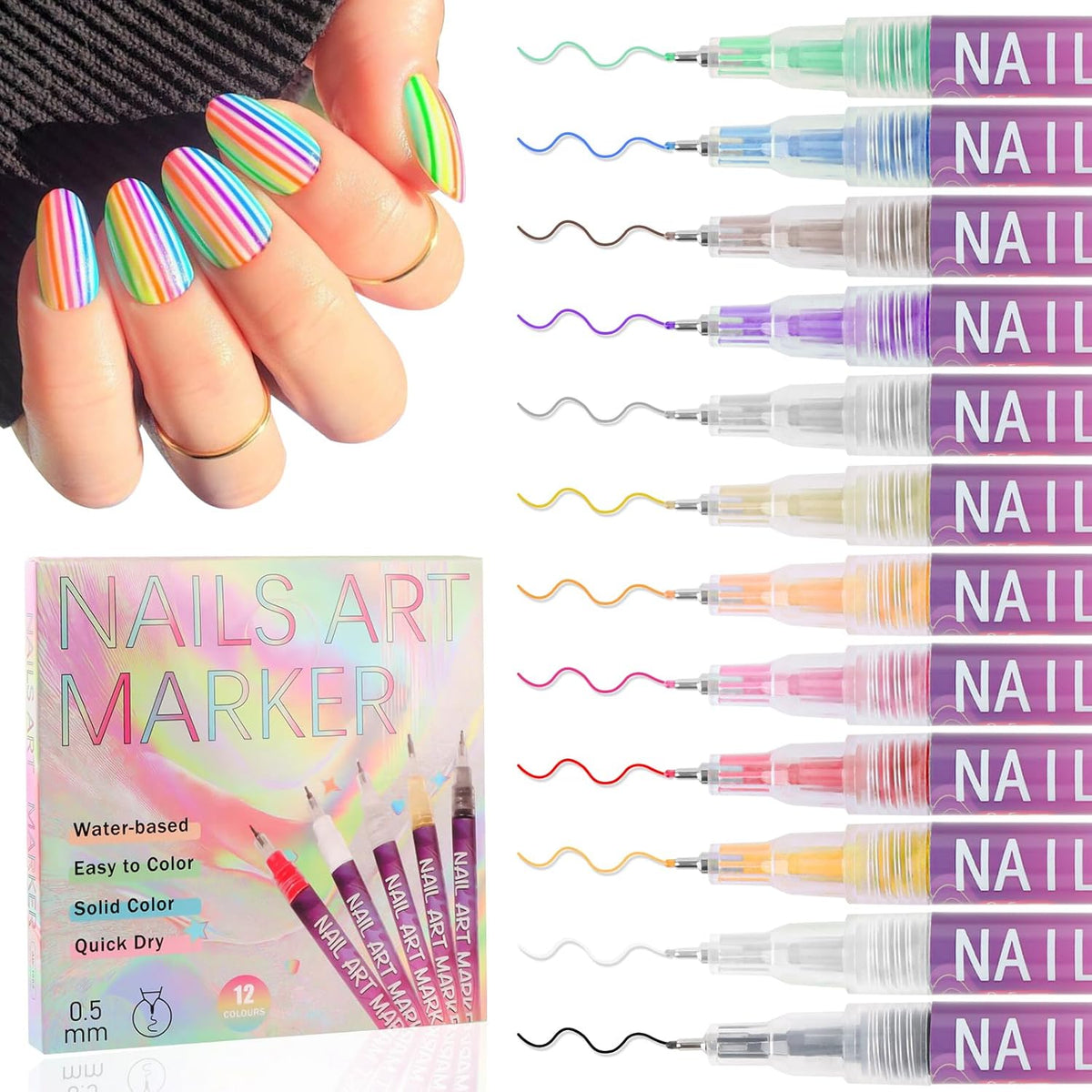 12 Colors 3D Nail Art Pens, Fine Tips 0.5 MM Nail Polish Pens Quick-Drying EBANKU Acrylic Nail