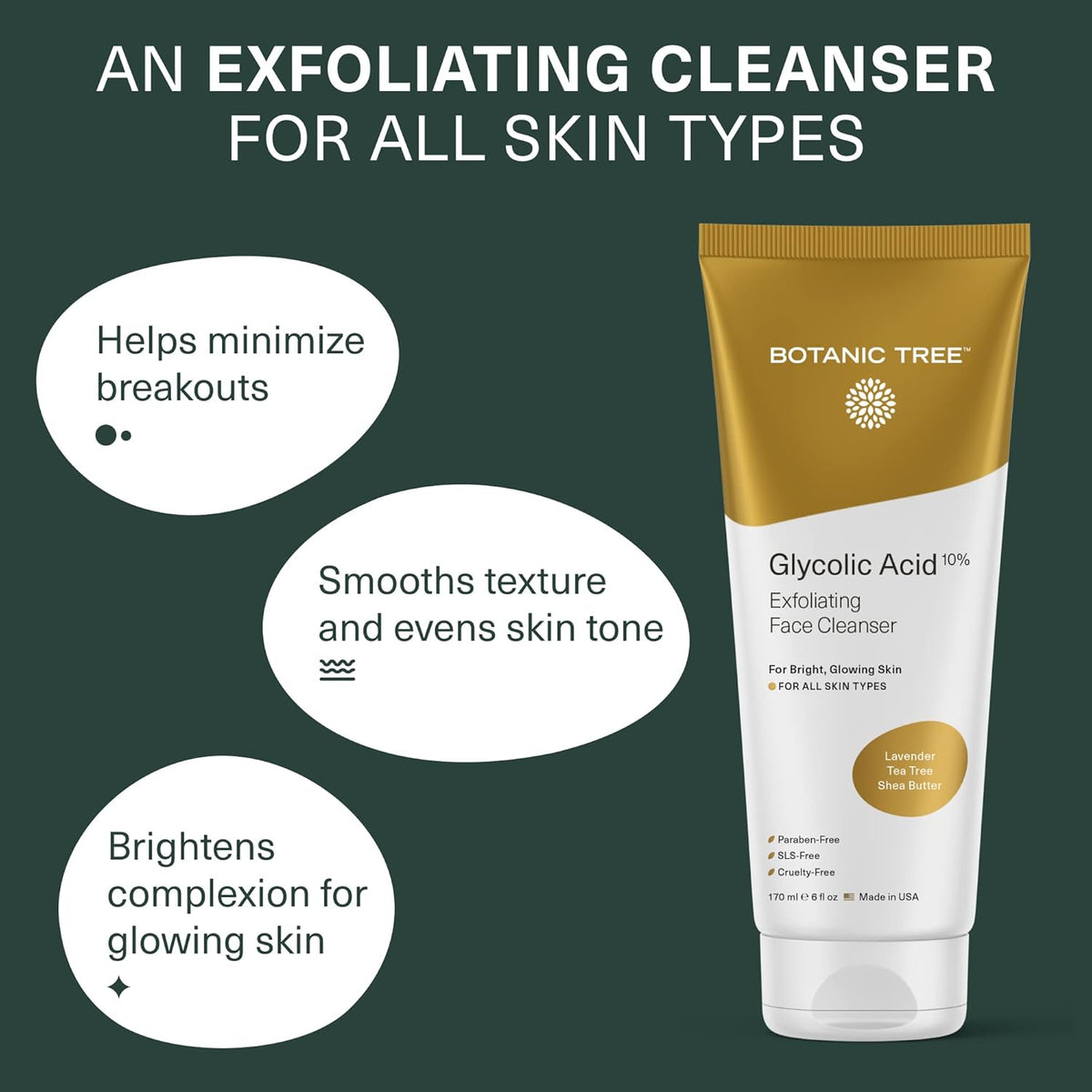 Botanic Tree Glycolic Acid Face Wash, Exfoliating Facial Cleanser and Scrub, 10% Glycolic Acid, AHA