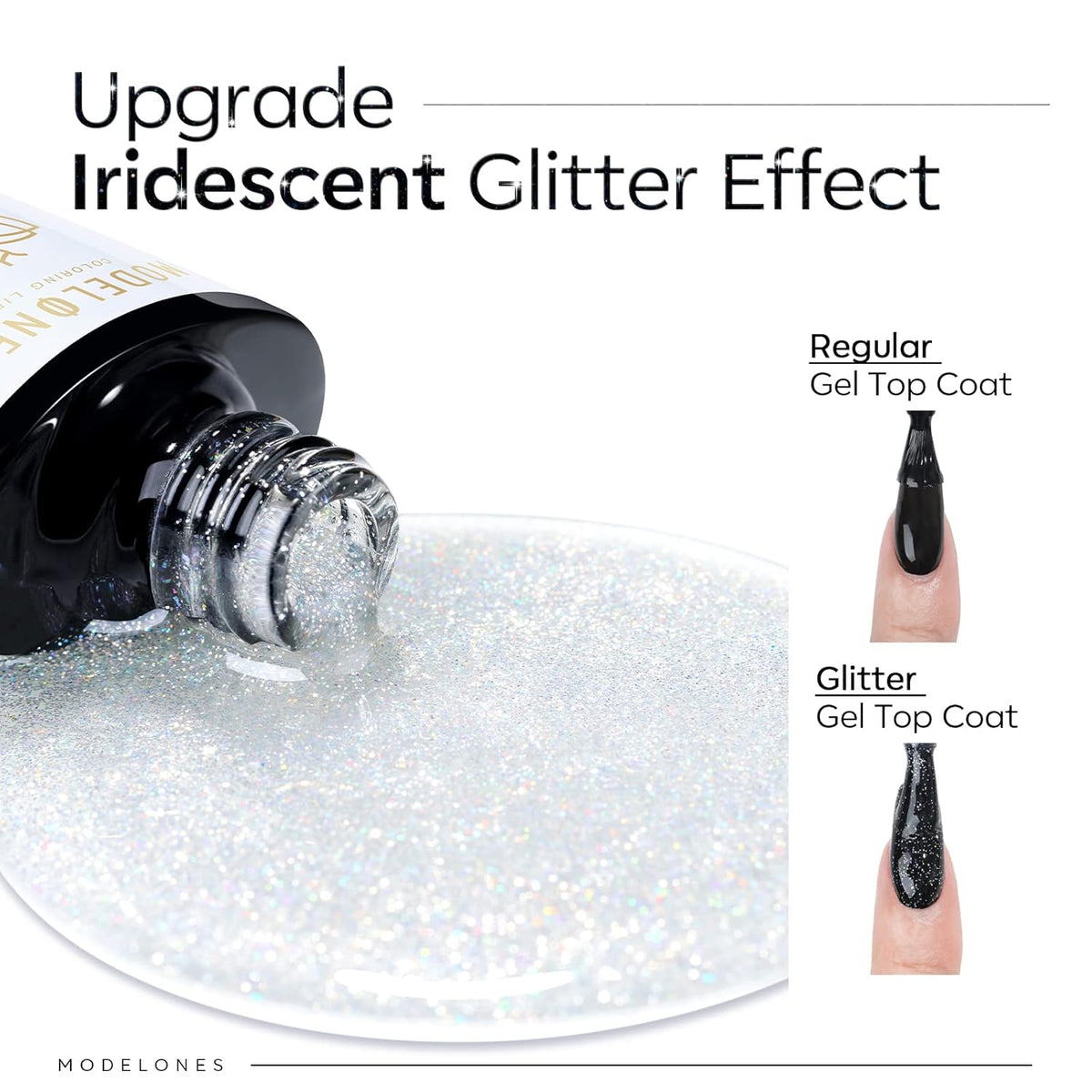 Modelones Glitter Gel Top Coat, Iridescent Silver Mix Glitter Gel Polish No Wipe Top Coat Glossy