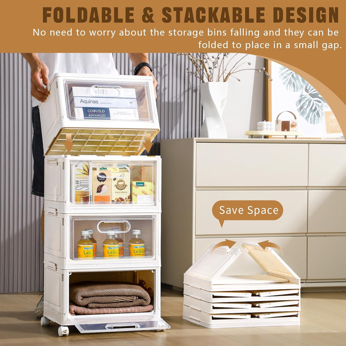 4-Tier Stackable Storage Bins with Lid, 23QT Storage Containers,Clear Foldable Plastic Drawer