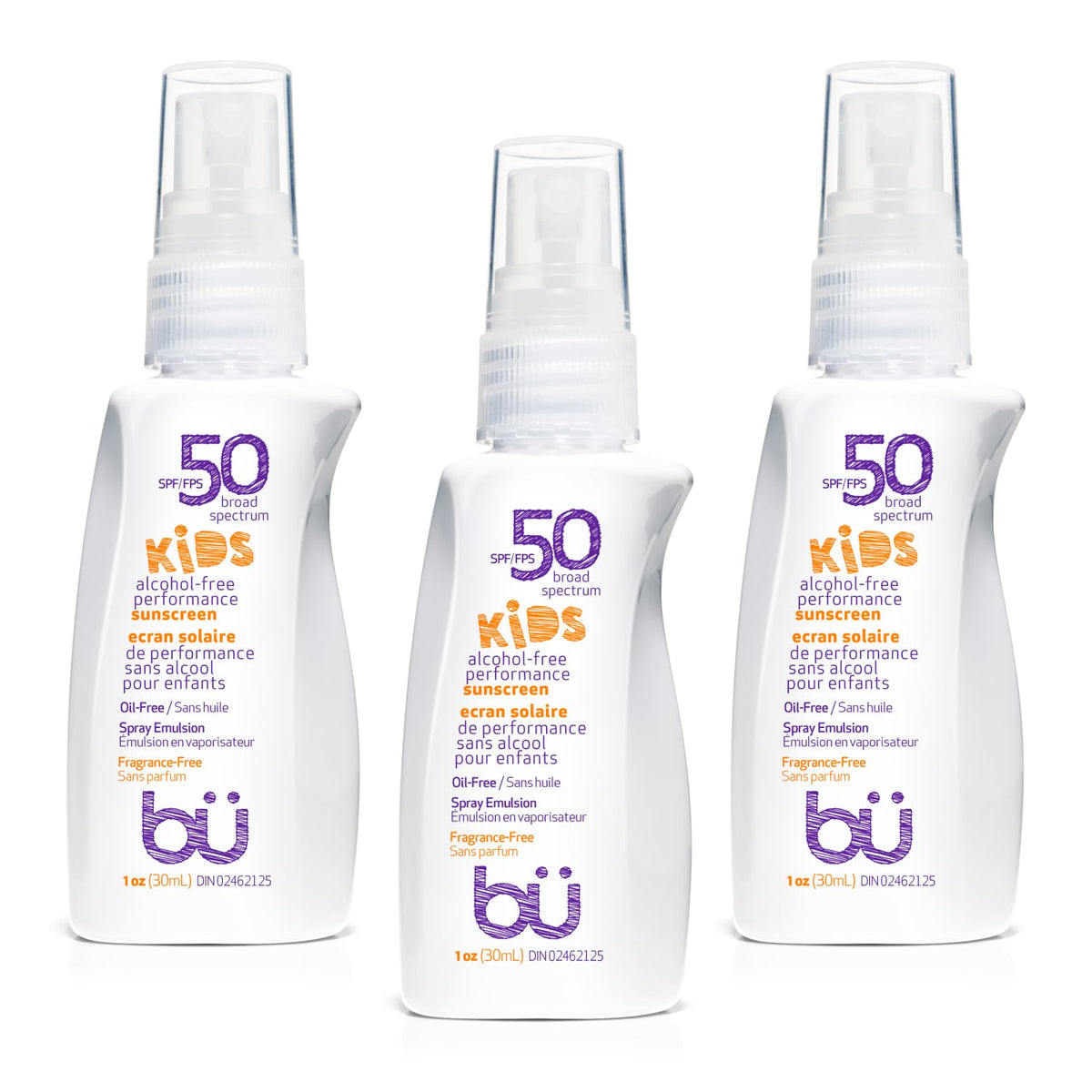 BU SPF 50 Kids Sunscreen Spray for Face and Body, Non Aerosol Spray, Fragrance Free, Clear, Non