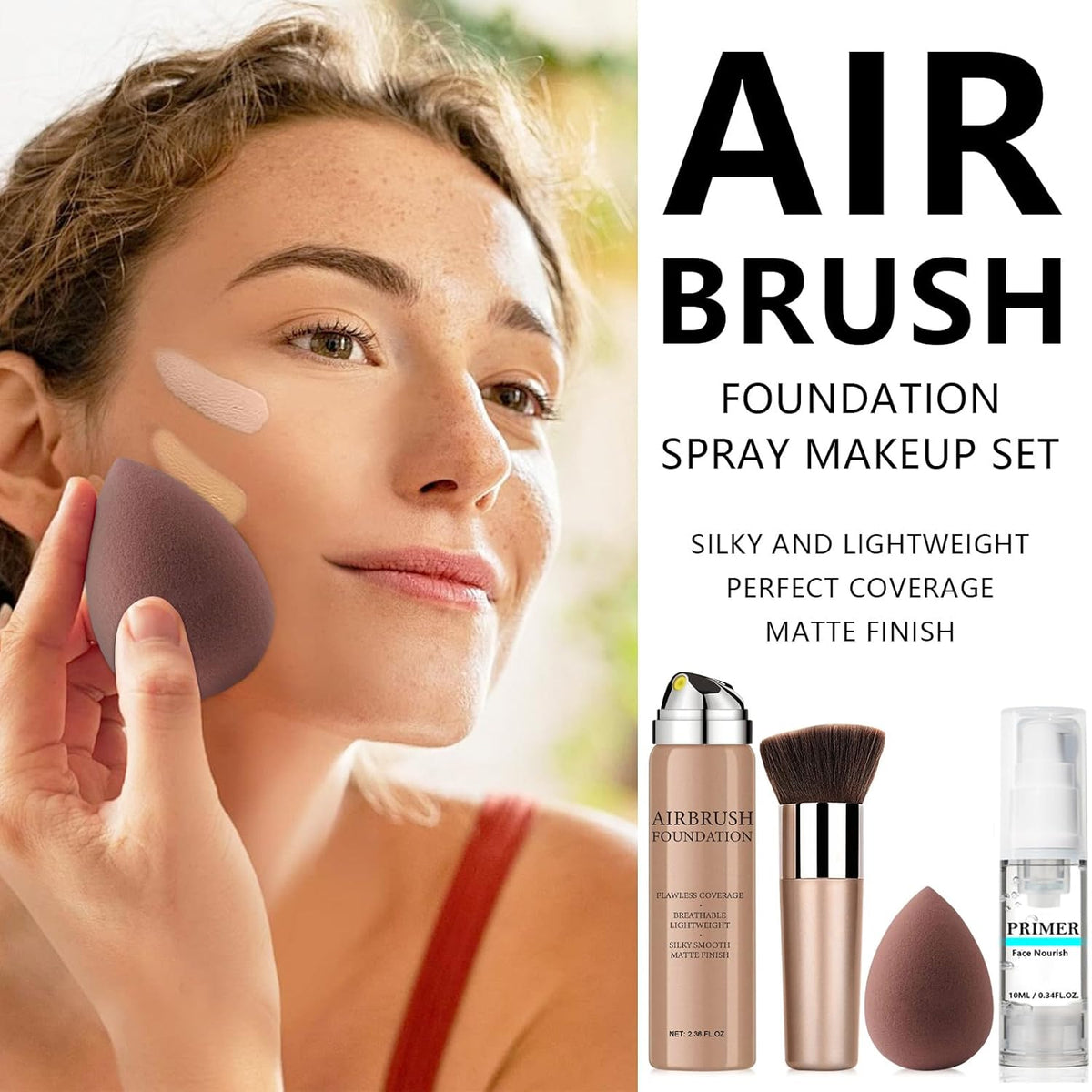 AirBrush Foundation Spray With Primer and Brush, Silky Mist Foundation Spray Makeup, Full Coverage