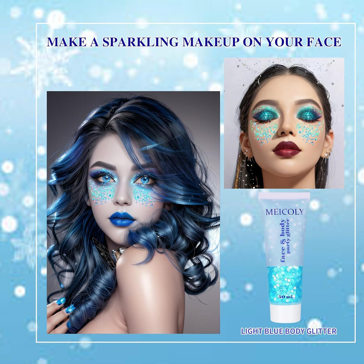 MEICOLY Light Blue Body Glitter,Mermaid Princess Face Glitter Gel,Ice Blue Glitter Face Paint for