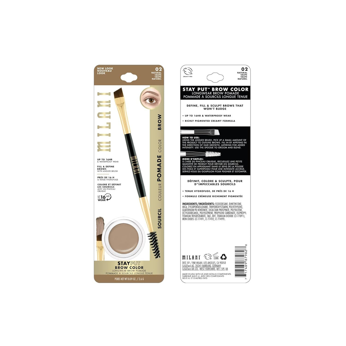 Milani Stay Put Brow Color - Natural Taupe (0.09 Ounce) Vegan, Cruelty-Free Eyebrow Color that