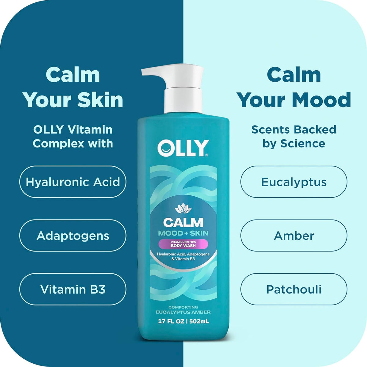 OLLY Calm Body Wash with Hyaluronic Acid, Adaptogens & Vitamin B3– Nourishing Cleanser for Skin