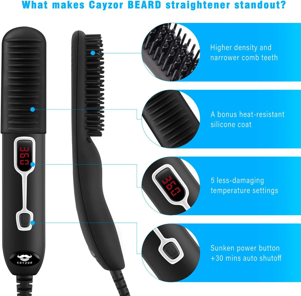 Beard Straightener Comb for Men - Upgraded Professional Electric Mens Beard Straightening Heated