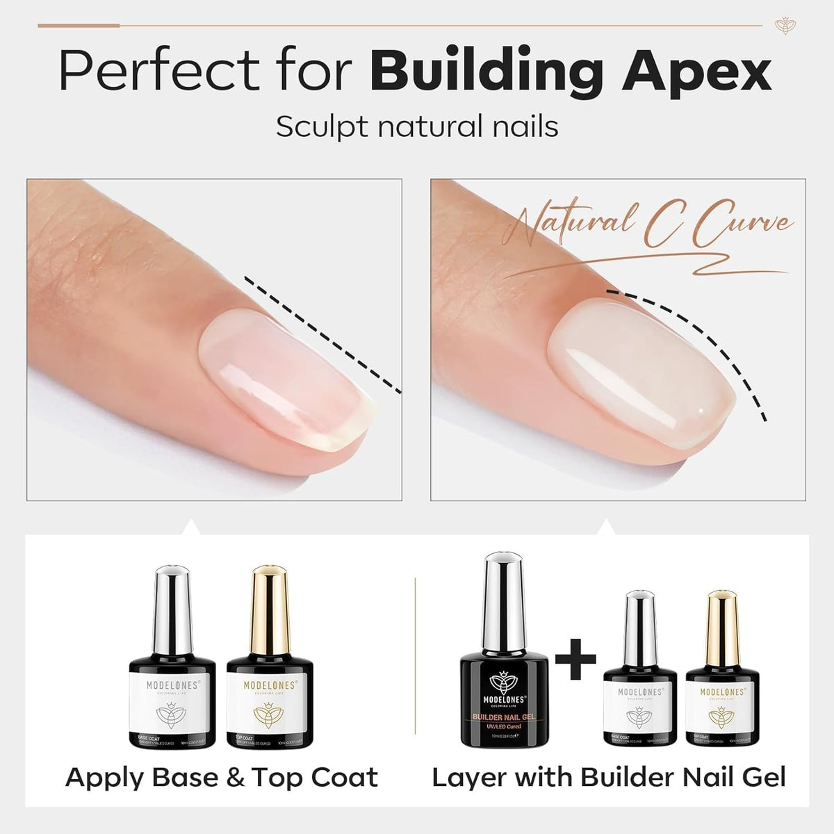modelones 3 Pcs Top Coat Builder Nail Gel with Gel Base, No Wipe - Shine Finish and Long Lasting