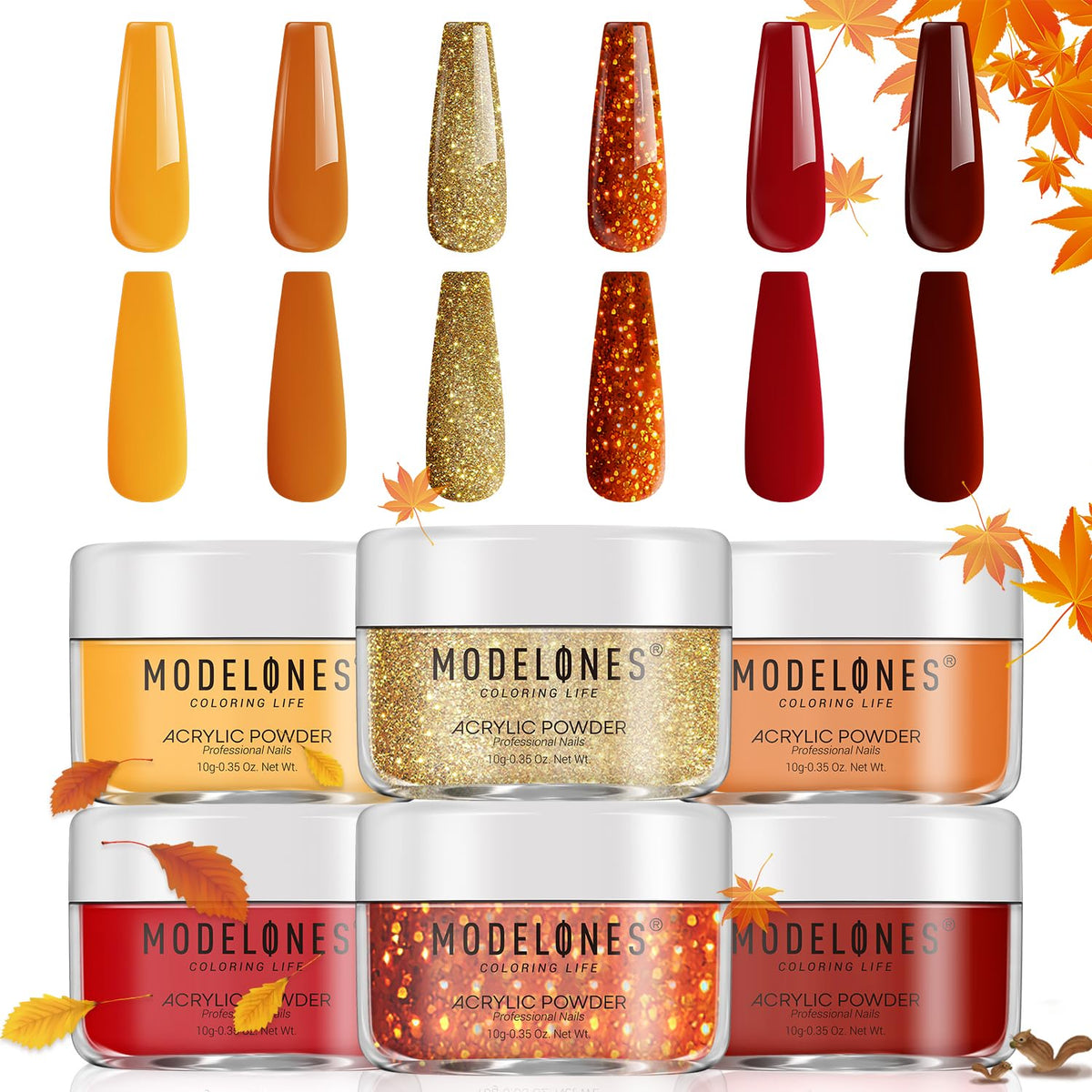 MODELONES 6 Colors Acrylic Powder, Fall Autumn Acrylic Nail Powder Gold Red Yellow Orange Nail