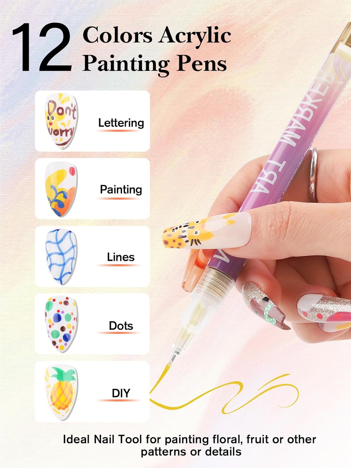 12 Colors 3D Nail Art Pens, Fine Tips 0.5 MM Nail Polish Pens Quick-Drying EBANKU Acrylic Nail