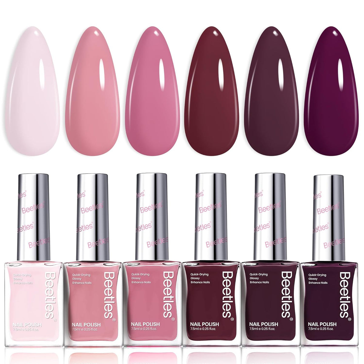 Beetles Nail Polish Set - Twilight Rose 6 Colors Quick Dry Baby Pink Burgundy Red Purple Plum