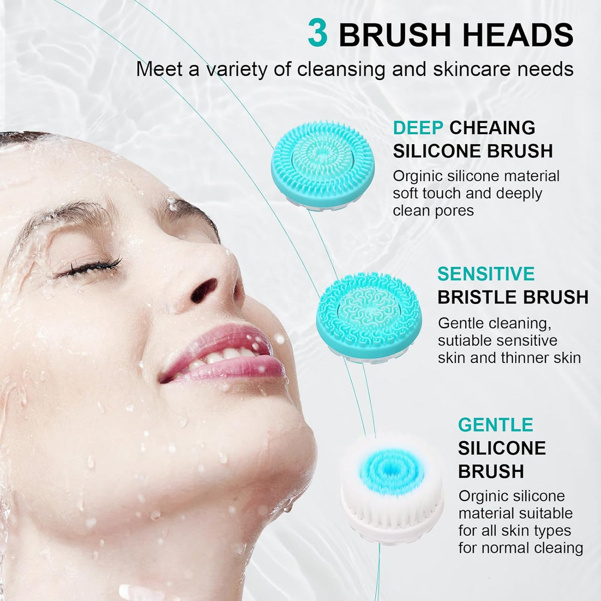 Facial Cleansing Brush, 3 in 1 Electric Face Scrubber with 3 Brush Heads for Women/Men, Waterproof