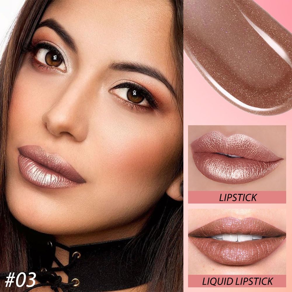 evpct 2 in 1 Nude Brown Glitter Metallic Shimmer Diamond Lipstick and Lip Gloss Set for Women Long