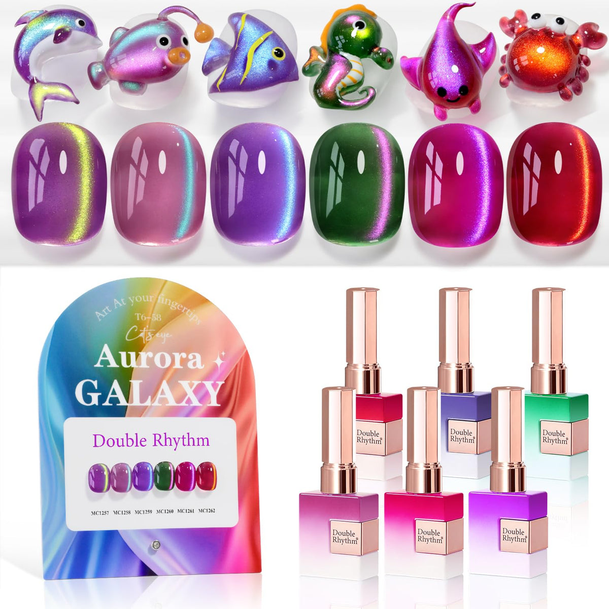 Double Rhythm Cat Eye Gel Nail Polish Set of 6 Same Color Same Bottle 0.5 Oz Shimmer Glitter with