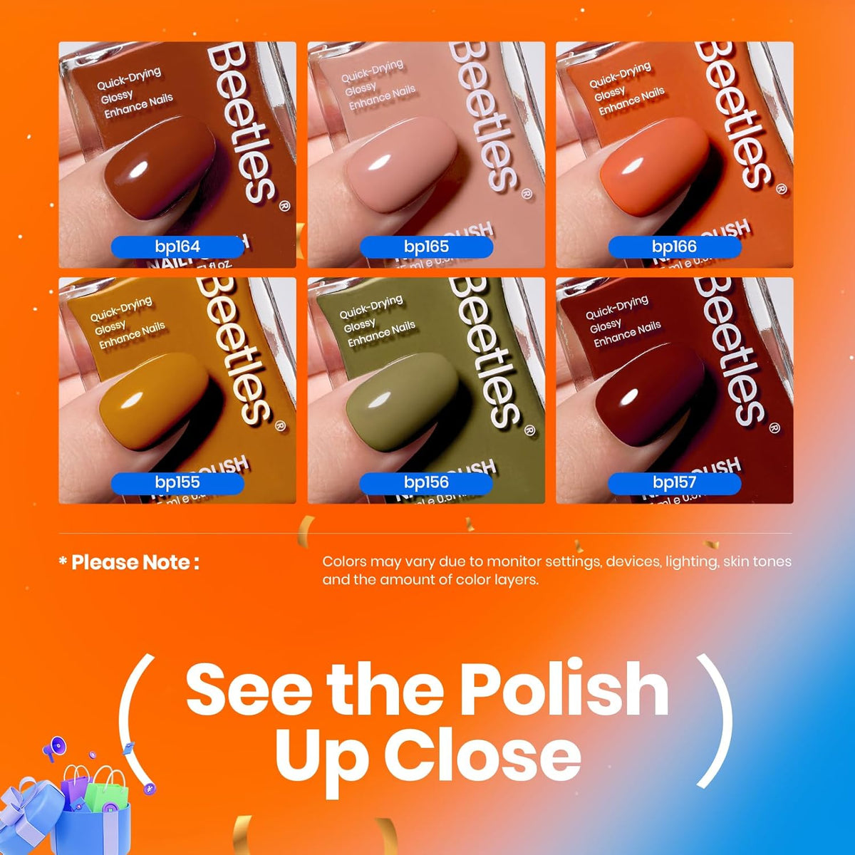 Beetles Fall Nail Polish Set P180, 6 Color Red Yellow Green Quick Air Dry Nail Polish, Natural Nail