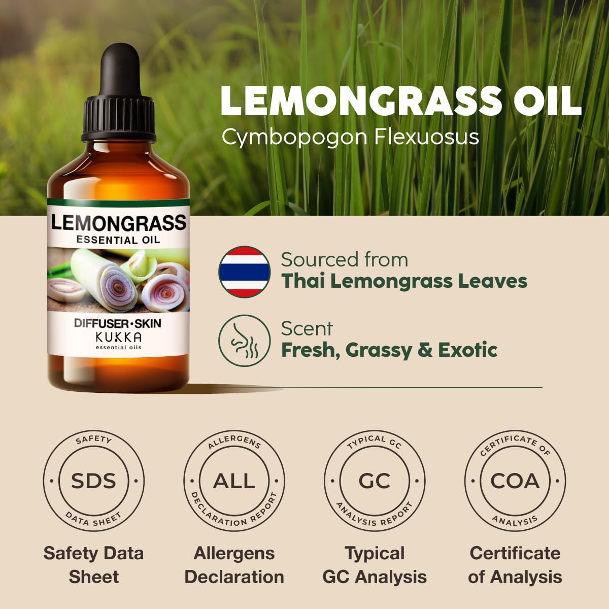 Kukka Lemongrass Essential Oil for Skin, Diffuser & Hair - 4 Fl Oz - Cleansing & Nourishing