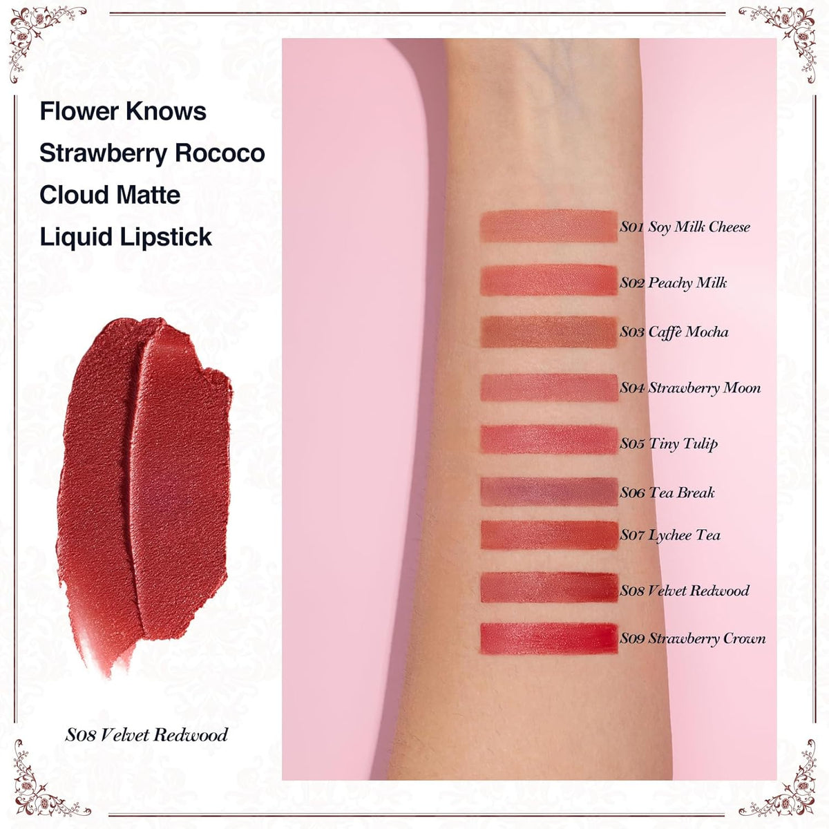 Flower Knows Strawberry Rococo Cloud Lip Cream,Velvety Matte Liquid Lipstick,Red Lipstick,Long