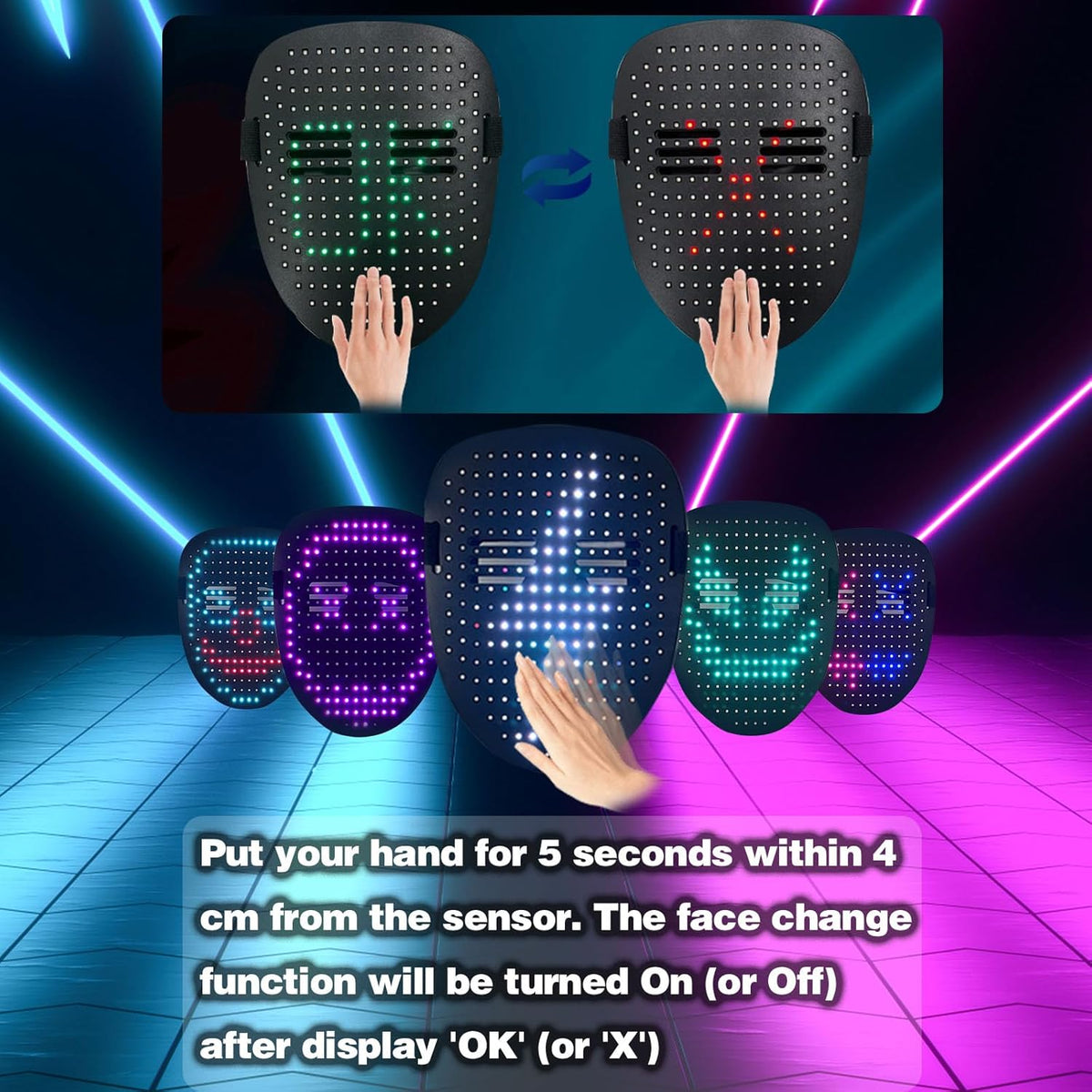Led Mask with Gesture Sensing,Light up mask for Kids/Men/Women LED Halloween Mask for Costume