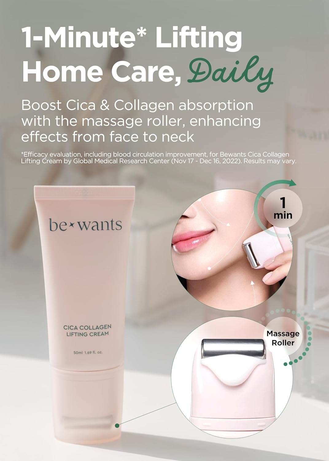 Bewants gua sha neck cream roller, korean neck cream with massage roller, rapid lift neck serum