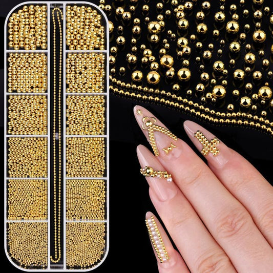 1-3MM Mini Small Nail Beads Metal Caviar Bead Gold Nail Charms and Gems Ball, Nail Chain for Nail