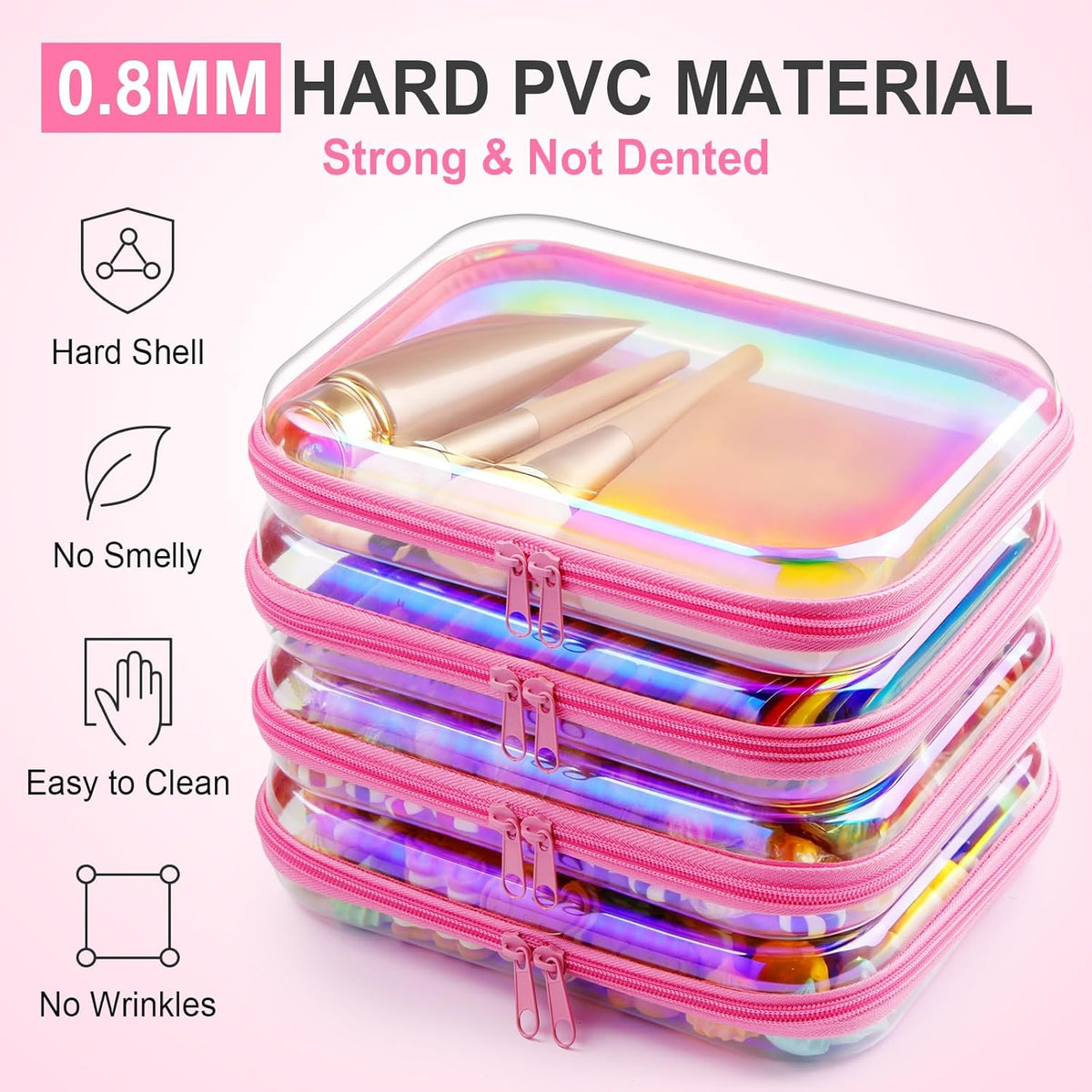 Hoolerry 4 Pcs Hard Clear Zipper Case Makeup Bags Plastic Pencil Pouch Transparent Storage Box