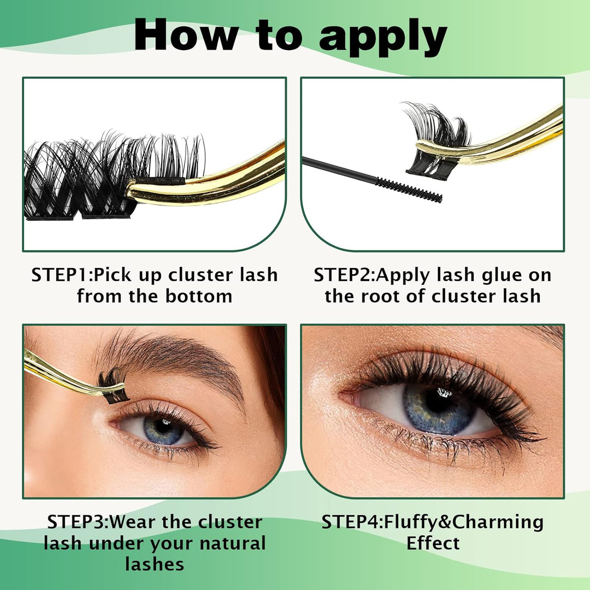 KEYYOU Lash Clusters, 96 Pcs DIY Lash Extensions, D Curl 16mm, Black, Realistic, Non-Irritating