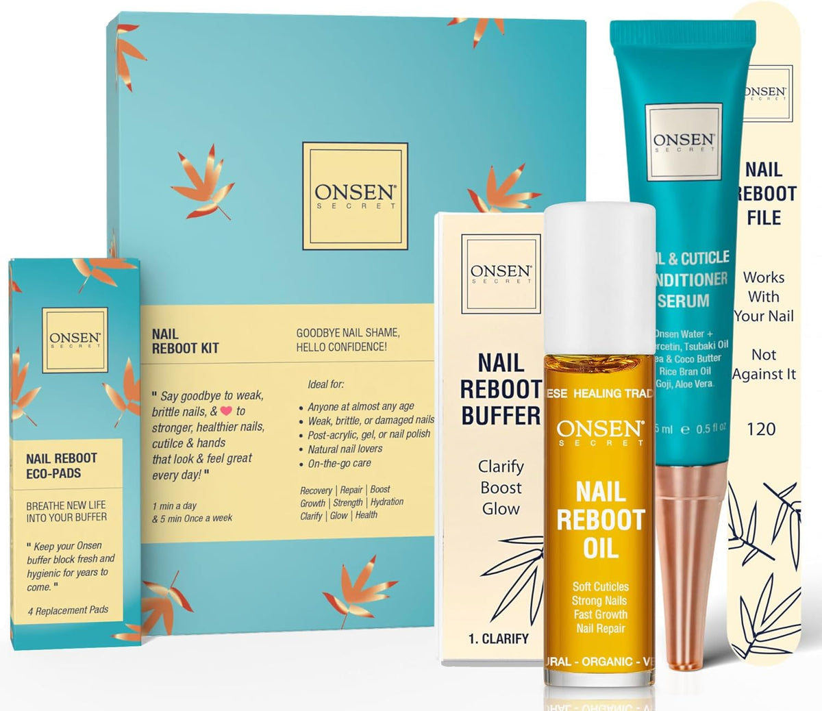 Onsen Secret Complete Nail Reboot Kit w/Nail Reboot Oil 10ml, Nail File 120/180 Grit Double Sided