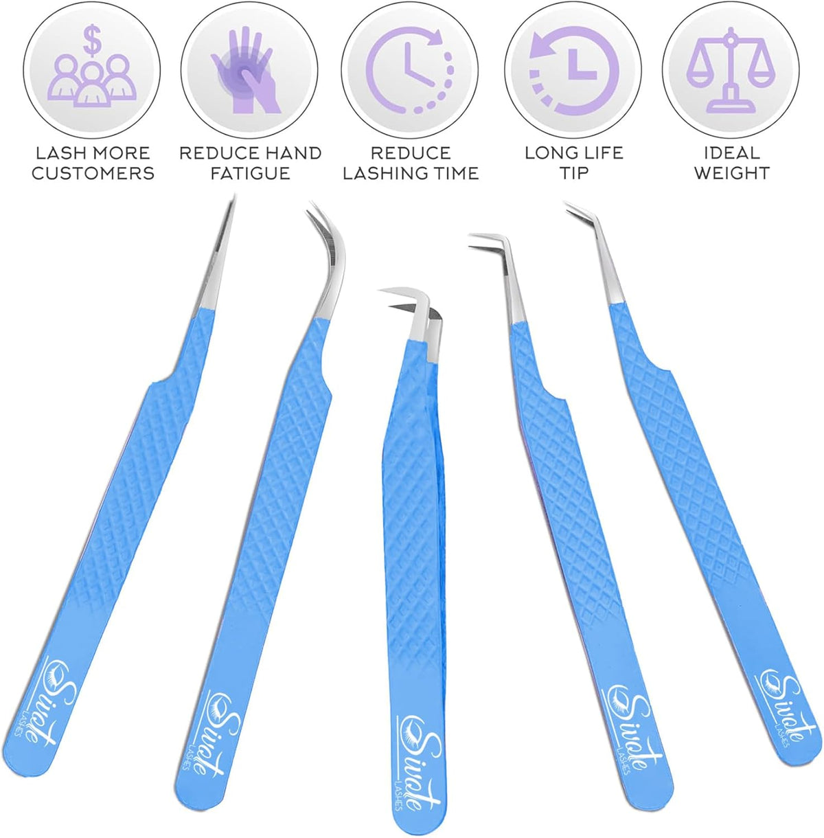 SIVOTE Lash Tweezers for Eyelash Extensions, Pack of 5 Blue – Lash Extension Tweezers Set with