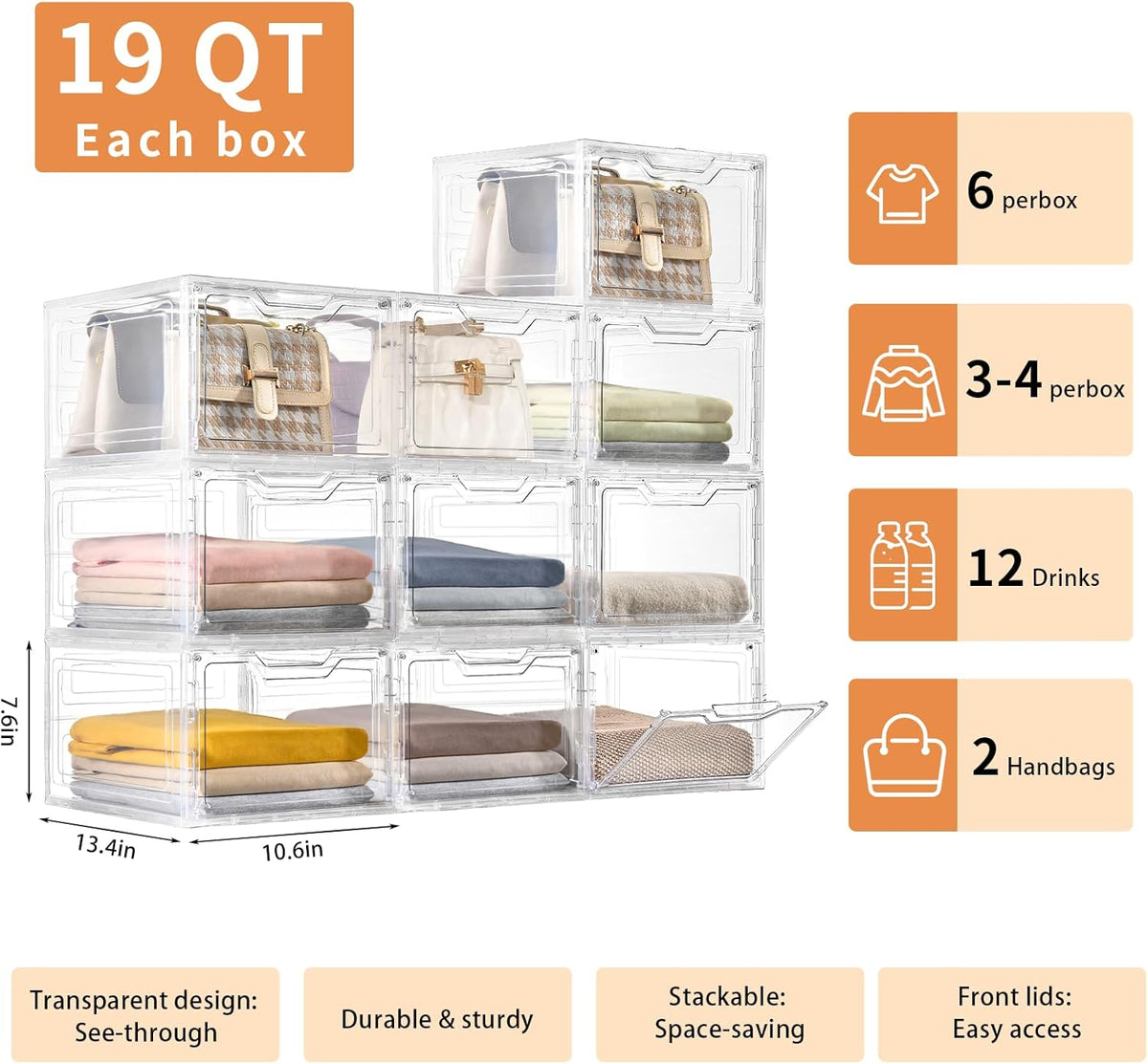 10 Pack Closet Organizers and Storage,Clear Stackable Plastic Storage Bins with Lids Magnetic