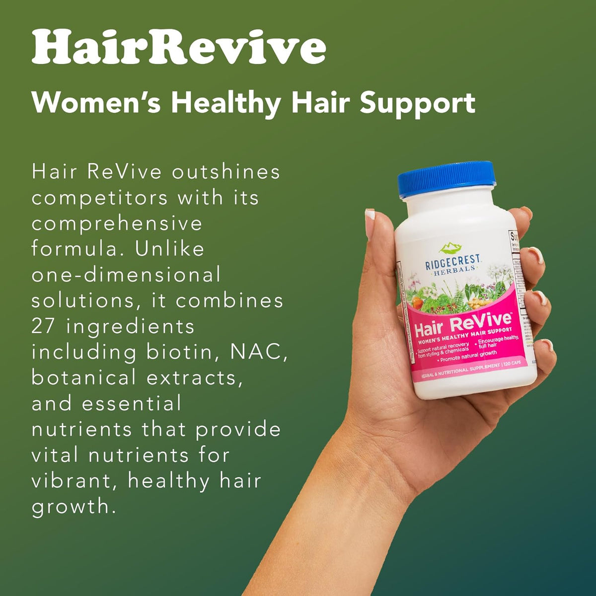 RidgeCrest Herbals Hair ReVive, Nutritional Hair Supplement with Vitamin C, Biotin (6000mcg), Zinc