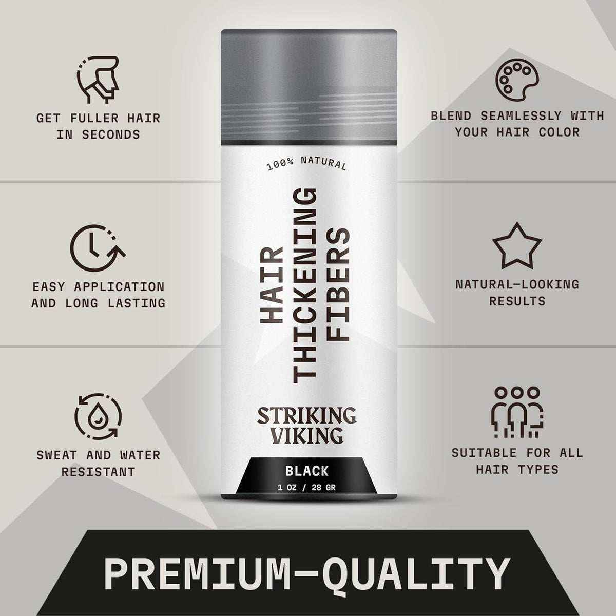 Striking Viking Hair Building Fibers - 28g, Black - Fuller Look Thinning Hair Fibers - Bald Spot