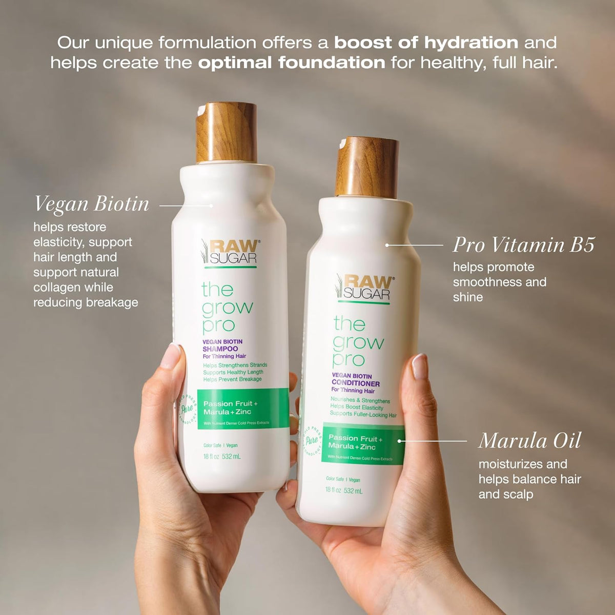Raw Sugar Grow Pro Hair Care Bundle- Shampoo & Conditioner with Vegan Biotin for Anti-Thinning &